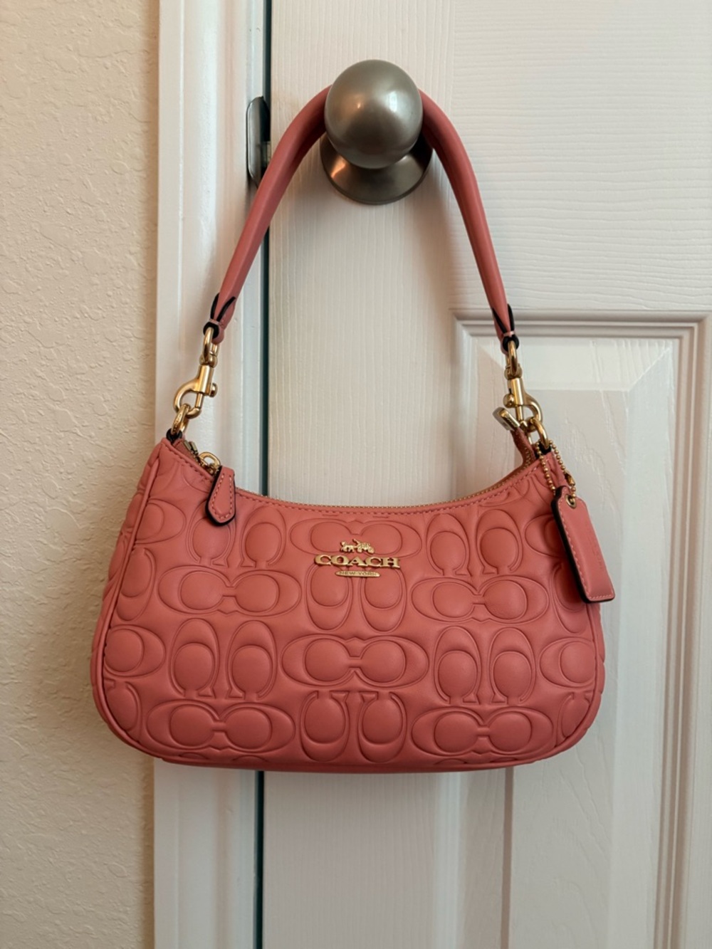 Coach Coral Pink Embossed Signature Shoulder Bag